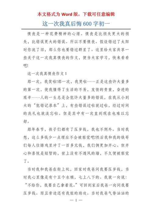 初中那一次我真后悔作中考作文600字