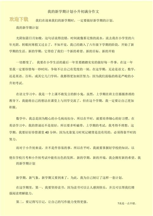 初中生新学期计划作小升初作文600字模板